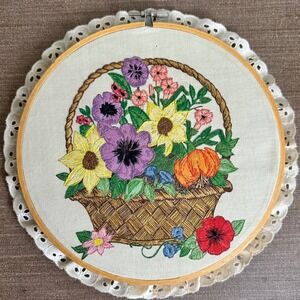 Handmade Embroidered Floral Basket Hoop Art 8in Crewel Wall Cottagecore Vintage